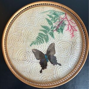 Vintage Butterfly & Pressed Foliage Bamboo Glass Top Serving Tray